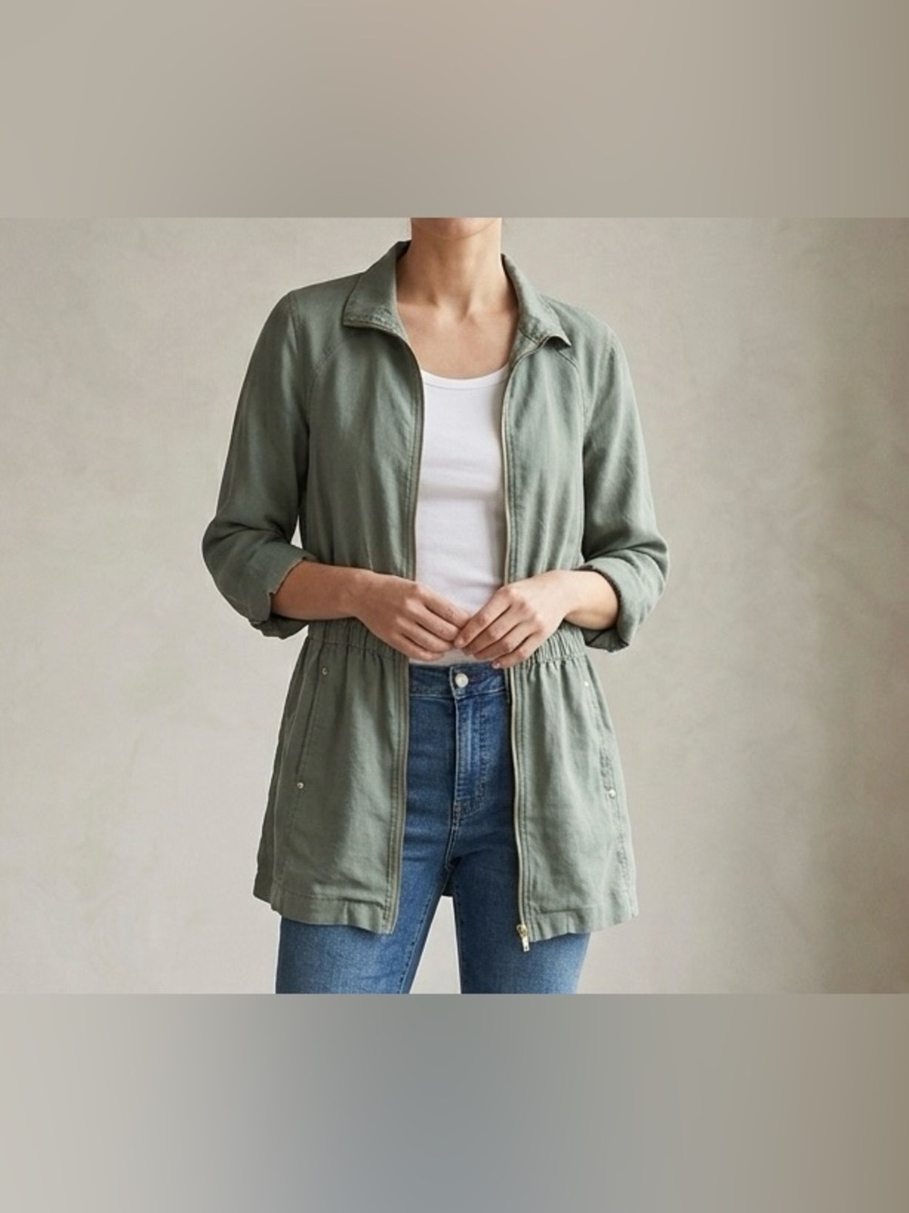 Ellen Tracy Sage Green Linen Blend Utility Jacket Cinch Waist Lightweight M